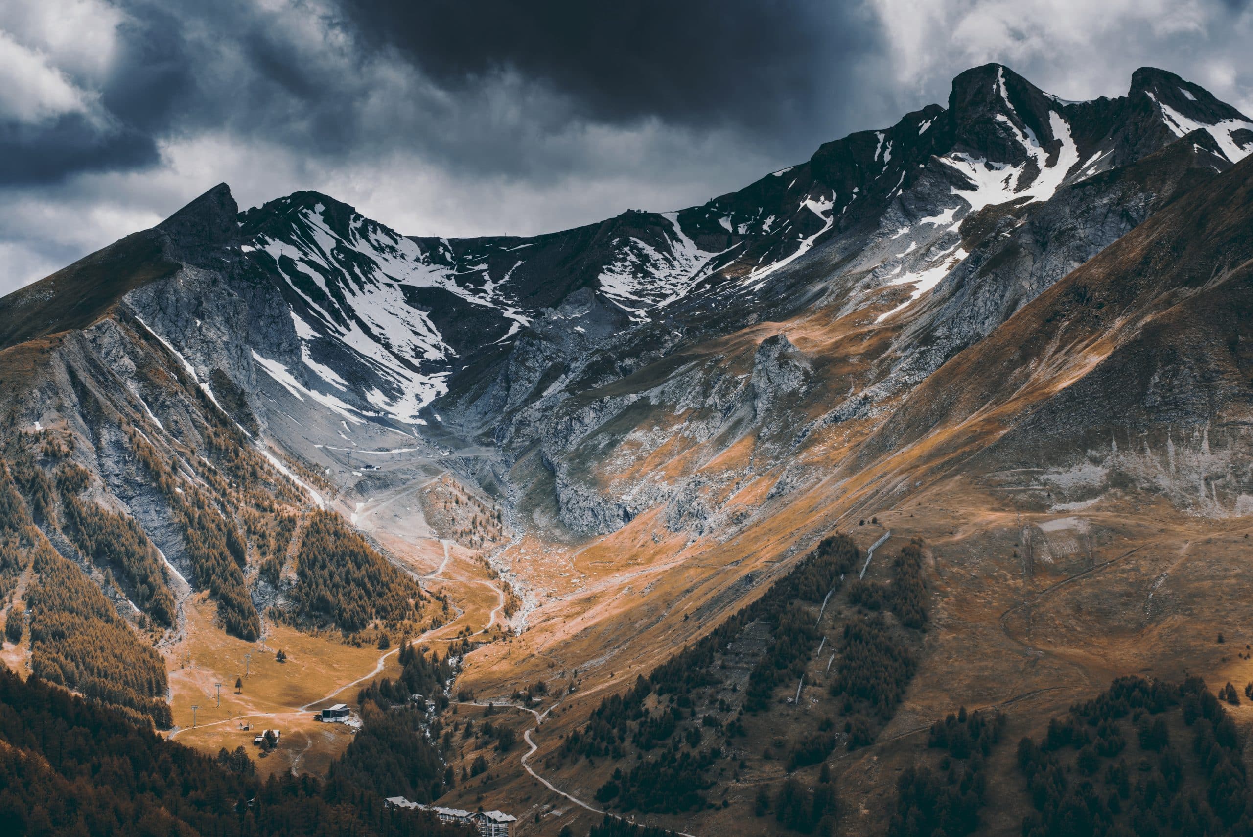 Tourist ski resorts in French Alps at early autumn